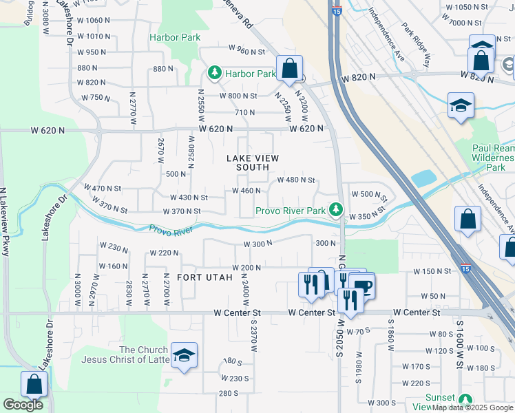 map of restaurants, bars, coffee shops, grocery stores, and more near 398 North 2380 West Street in Provo