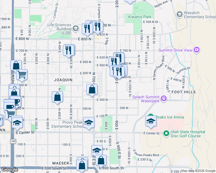 map of restaurants, bars, coffee shops, grocery stores, and more near 384 800 East in Provo