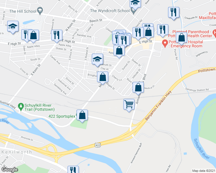 map of restaurants, bars, coffee shops, grocery stores, and more near 1400 Maple Street in Pottstown