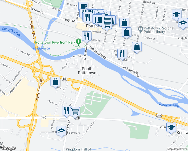 map of restaurants, bars, coffee shops, grocery stores, and more near 168 East Main Street in Pottstown