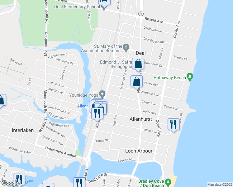 map of restaurants, bars, coffee shops, grocery stores, and more near 305 Cedar Avenue in Allenhurst