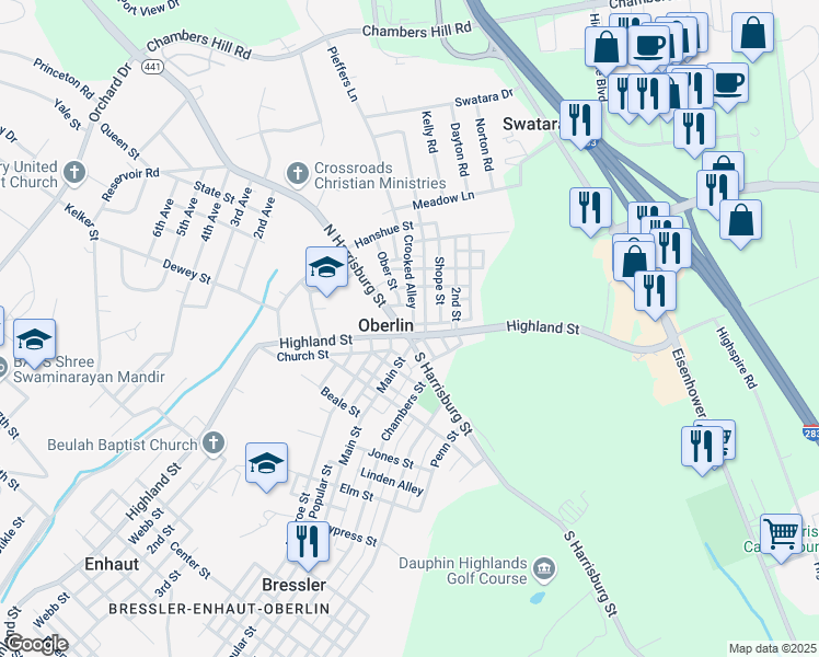 map of restaurants, bars, coffee shops, grocery stores, and more near 20 North Harrisburg Street in Bressler-Enhaut-Oberlin