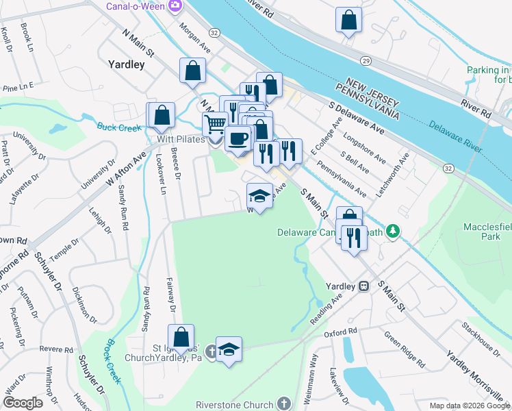 map of restaurants, bars, coffee shops, grocery stores, and more near 30 West College Avenue in Yardley