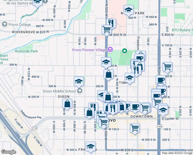 map of restaurants, bars, coffee shops, grocery stores, and more near 595 600 West in Provo