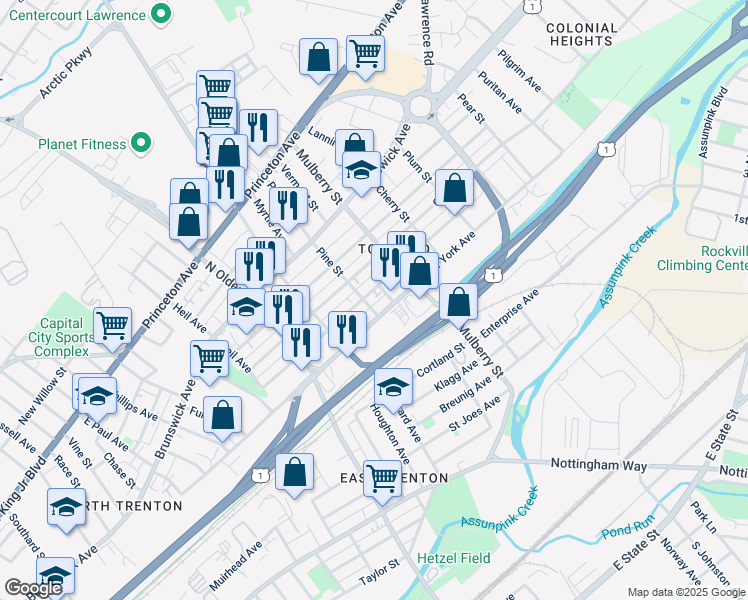 map of restaurants, bars, coffee shops, grocery stores, and more near 915 Pennsylvania Avenue in Trenton