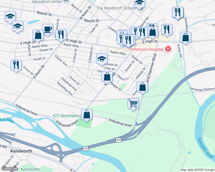 map of restaurants, bars, coffee shops, grocery stores, and more near 190 Moser Road in Pottstown