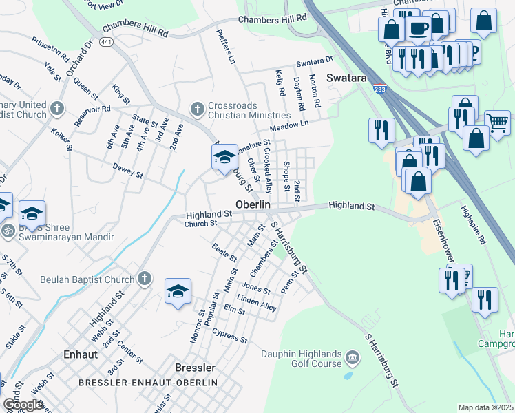 map of restaurants, bars, coffee shops, grocery stores, and more near 21 North Harrisburg Street in Oberlin