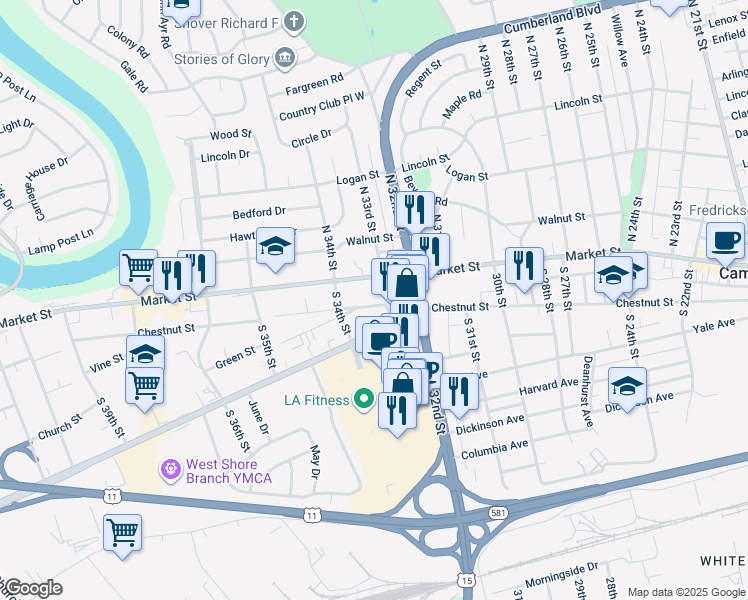 map of restaurants, bars, coffee shops, grocery stores, and more near 3311 Chestnut Street in Camp Hill