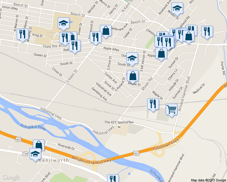 map of restaurants, bars, coffee shops, grocery stores, and more near 1162 Grove Street in Pottstown