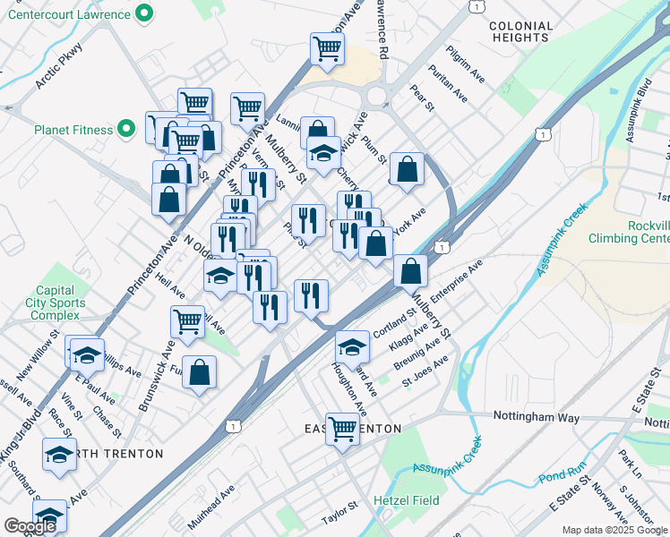 map of restaurants, bars, coffee shops, grocery stores, and more near 915 Pennsylvania Avenue in Trenton