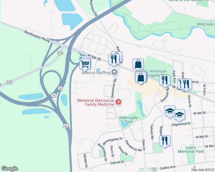 map of restaurants, bars, coffee shops, grocery stores, and more near 201 Residence Drive in Marysville