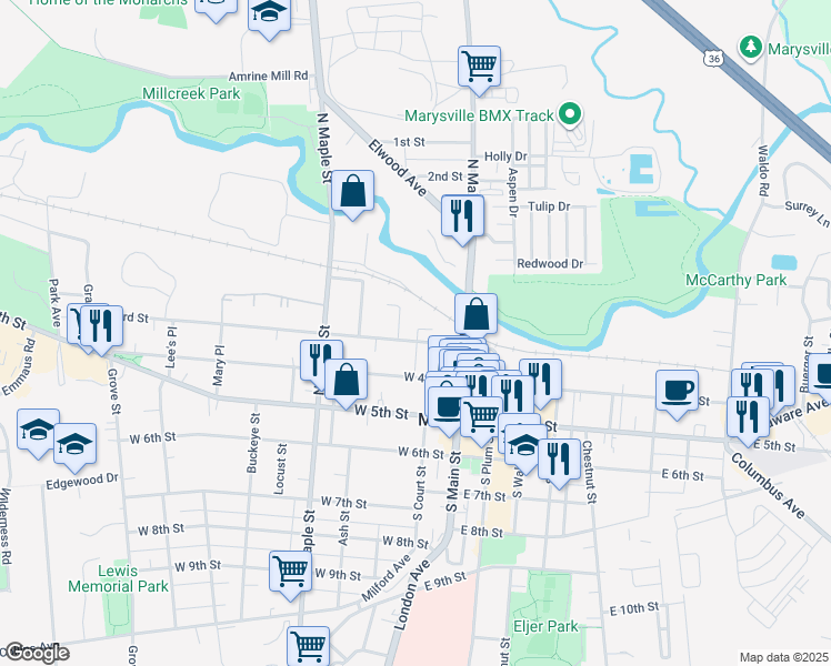 map of restaurants, bars, coffee shops, grocery stores, and more near 214 W 3rd St in Marysville
