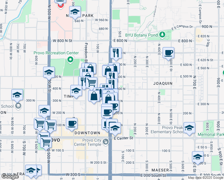 map of restaurants, bars, coffee shops, grocery stores, and more near 398 North University Avenue in Provo