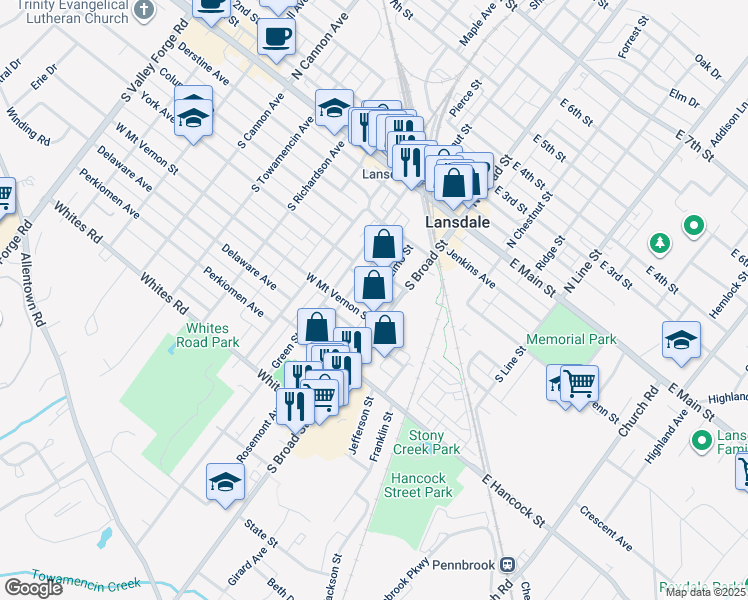 map of restaurants, bars, coffee shops, grocery stores, and more near 20 Lincoln Avenue in Lansdale