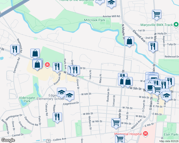 map of restaurants, bars, coffee shops, grocery stores, and more near 733 West 3rd Street in Marysville