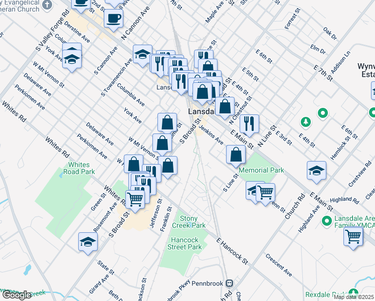 map of restaurants, bars, coffee shops, grocery stores, and more near 117 South Broad Street in Lansdale