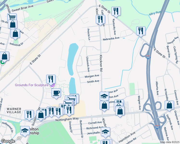 map of restaurants, bars, coffee shops, grocery stores, and more near 77 Magowan Avenue in Hamilton Township