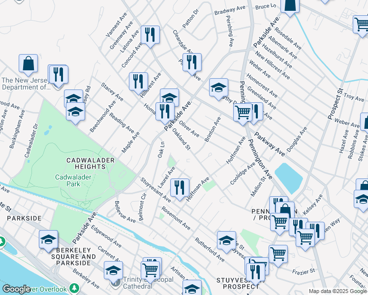 map of restaurants, bars, coffee shops, grocery stores, and more near 325 Oakland Street in Trenton