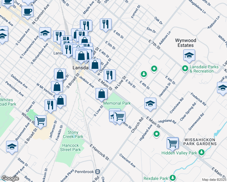 map of restaurants, bars, coffee shops, grocery stores, and more near 2 North Line Street in Lansdale