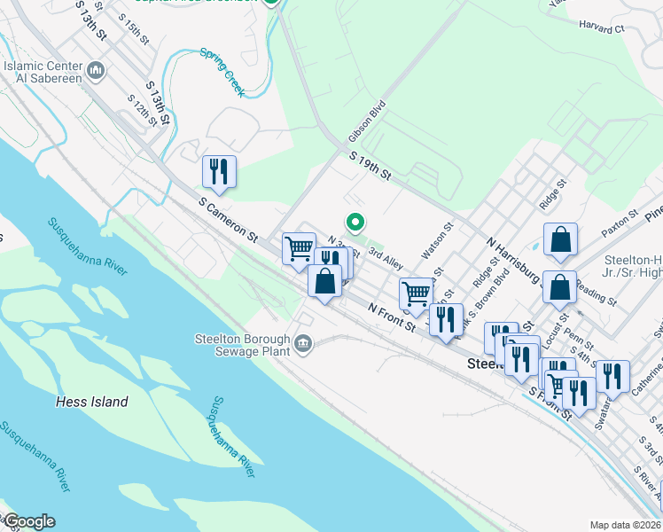 map of restaurants, bars, coffee shops, grocery stores, and more near 664 River Alley in Steelton