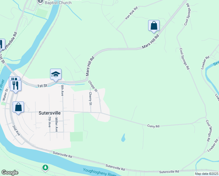 map of restaurants, bars, coffee shops, grocery stores, and more near in Sutersville