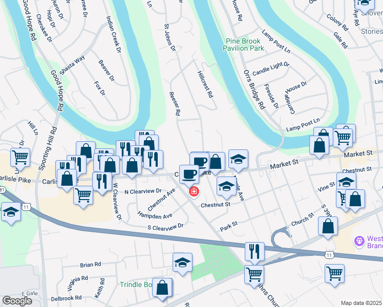 map of restaurants, bars, coffee shops, grocery stores, and more near 4440 Motter Ln in Camp Hill