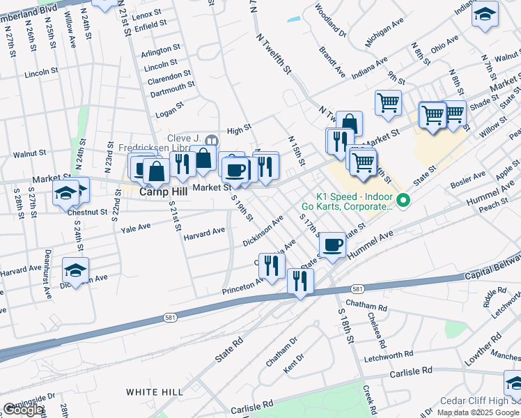 map of restaurants, bars, coffee shops, grocery stores, and more near 36 South 18th Street in Camp Hill