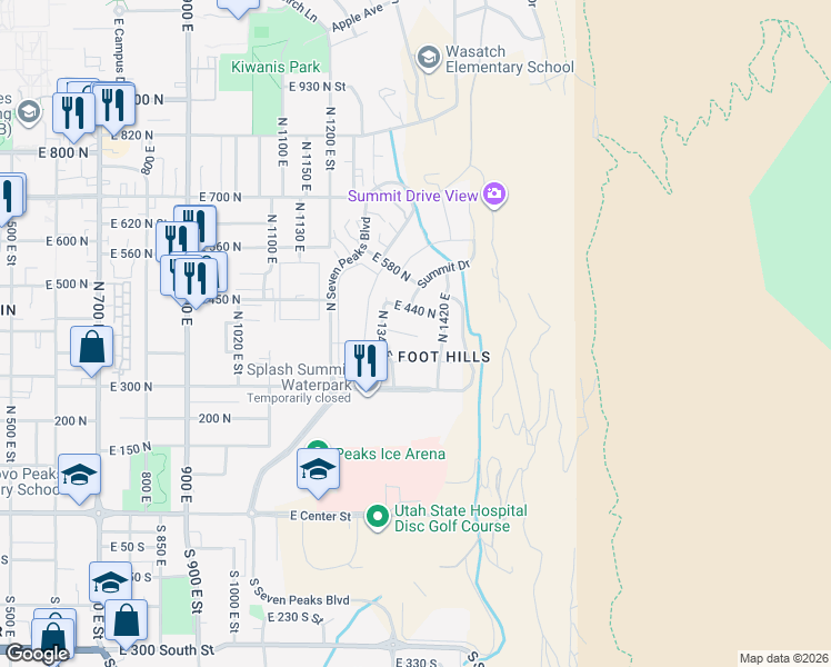 map of restaurants, bars, coffee shops, grocery stores, and more near 1381 East 400 North in Provo