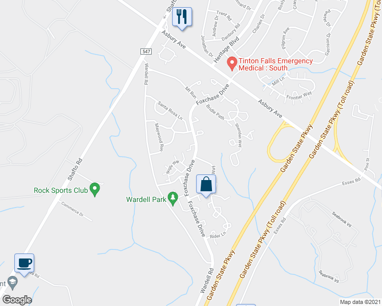 map of restaurants, bars, coffee shops, grocery stores, and more near 23 Hackamore Court in Tinton Falls