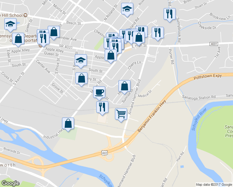 map of restaurants, bars, coffee shops, grocery stores, and more near 167 Hillside Drive in Pottstown