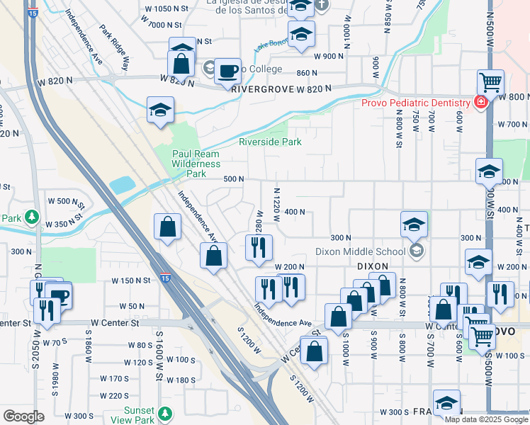 map of restaurants, bars, coffee shops, grocery stores, and more near 378 1280 West in Provo