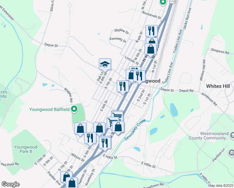 map of restaurants, bars, coffee shops, grocery stores, and more near 27 South 5th Street in Youngwood