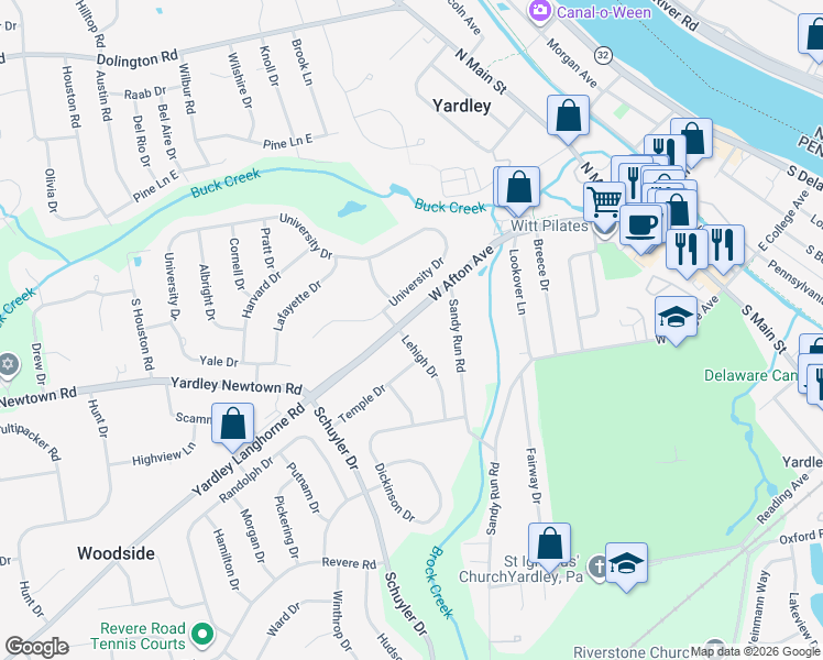 map of restaurants, bars, coffee shops, grocery stores, and more near 1024 Lehigh Drive in Yardley