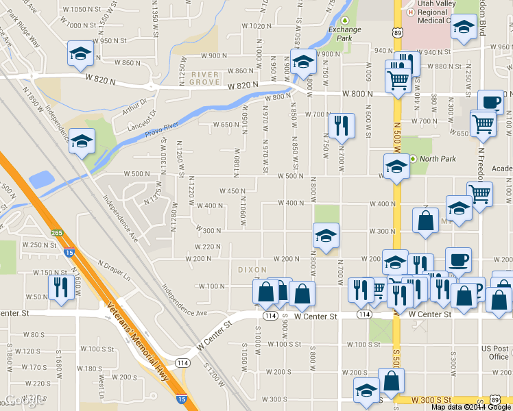 map of restaurants, bars, coffee shops, grocery stores, and more near 397 North 1000 West in Provo
