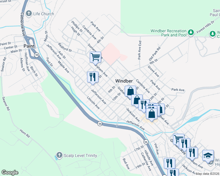 map of restaurants, bars, coffee shops, grocery stores, and more near 411 9th St in Windber