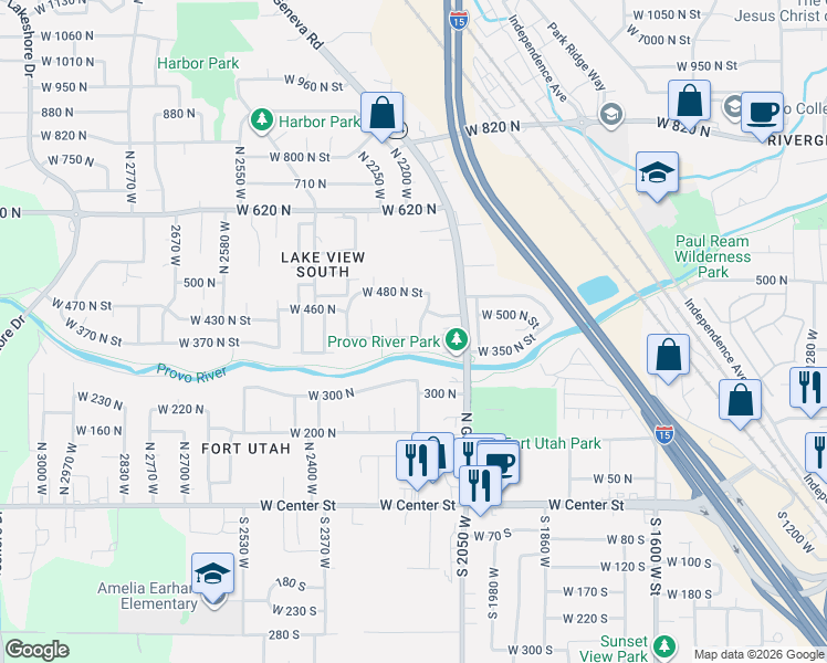 map of restaurants, bars, coffee shops, grocery stores, and more near 407 North 2150 West in Provo