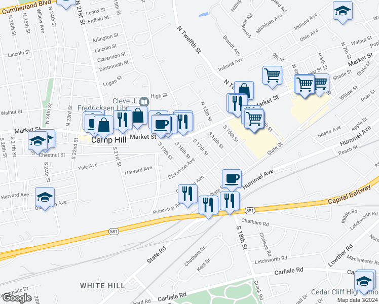 map of restaurants, bars, coffee shops, grocery stores, and more near 30 South 17th Street in Camp Hill