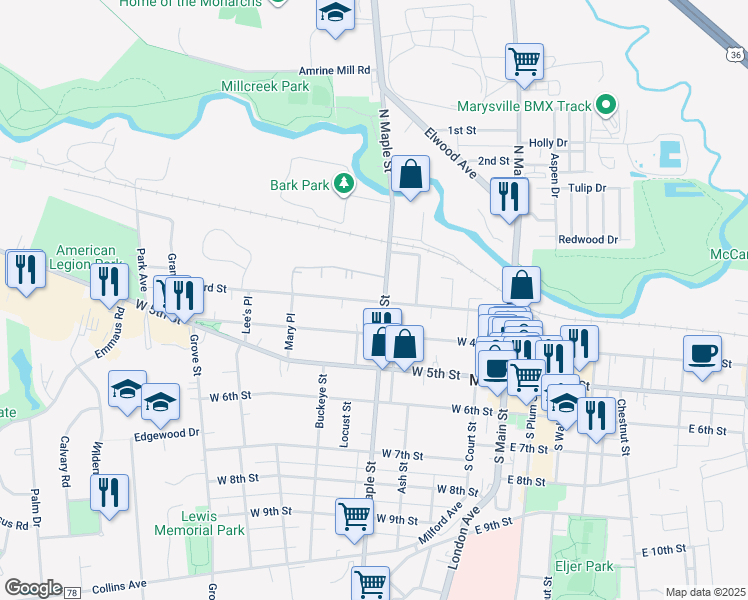 map of restaurants, bars, coffee shops, grocery stores, and more near 442 West 3rd Street in Marysville