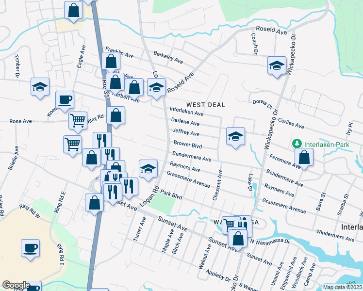 map of restaurants, bars, coffee shops, grocery stores, and more near 1124 Brower Boulevard in Wanamassa