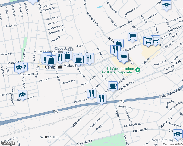 map of restaurants, bars, coffee shops, grocery stores, and more near 33 South 18th Street in Camp Hill