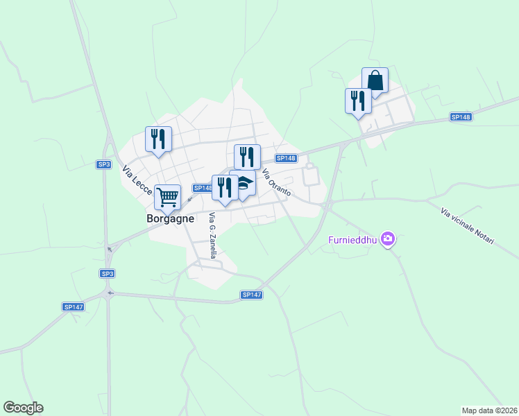 map of restaurants, bars, coffee shops, grocery stores, and more near 59 Via Edmondo de Amicis in Borgagne