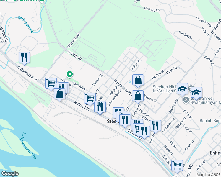 map of restaurants, bars, coffee shops, grocery stores, and more near 212 Lincoln St in Steelton