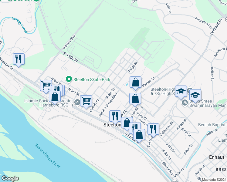 map of restaurants, bars, coffee shops, grocery stores, and more near 232 Ridge Street in Steelton
