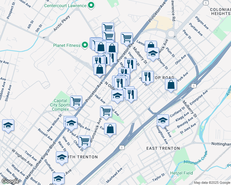 map of restaurants, bars, coffee shops, grocery stores, and more near 1229 North Olden Avenue in Trenton