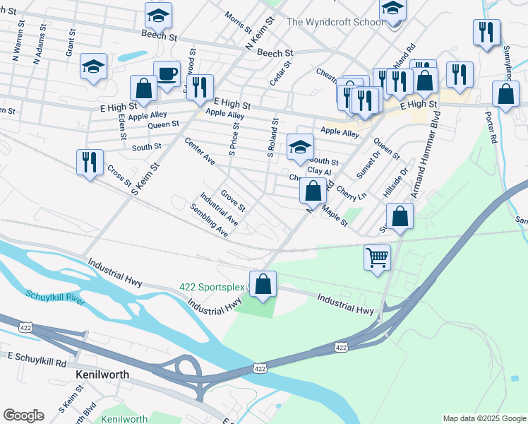 map of restaurants, bars, coffee shops, grocery stores, and more near 1214 Center Avenue in Pottstown
