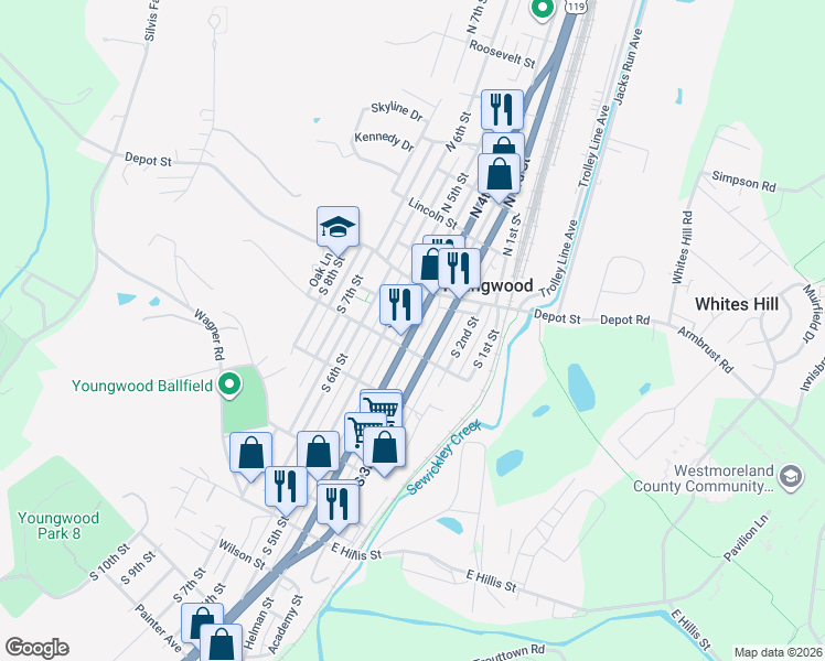 map of restaurants, bars, coffee shops, grocery stores, and more near 32 South 4th Street in Youngwood