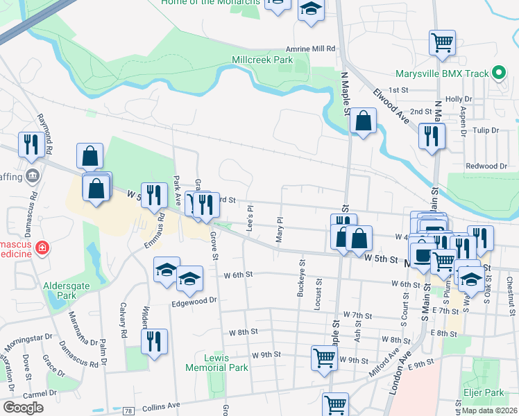 map of restaurants, bars, coffee shops, grocery stores, and more near 733 West 3rd Street in Marysville