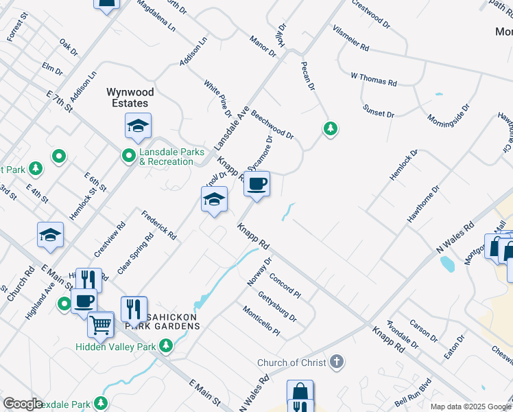 map of restaurants, bars, coffee shops, grocery stores, and more near 127 Knapp Road in Lansdale