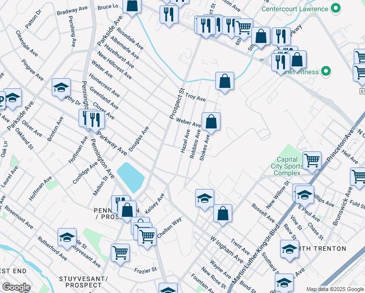 map of restaurants, bars, coffee shops, grocery stores, and more near 38 Dover Avenue in Ewing Township