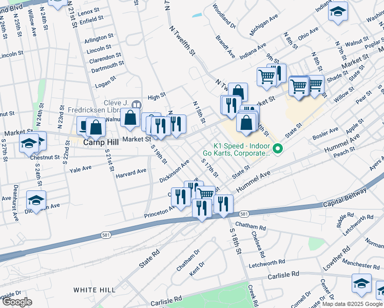 map of restaurants, bars, coffee shops, grocery stores, and more near 30 S 17th St in Camp Hill